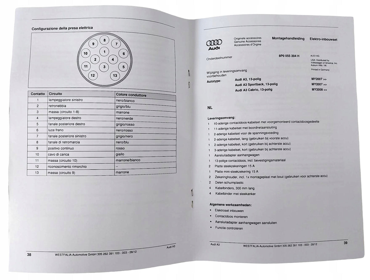 ZESTAW MONTAŻOWY DO HOLOWANIA WIĄZKA HAKA MODUŁ 8P0055204H AUDI A3 8P 03-13