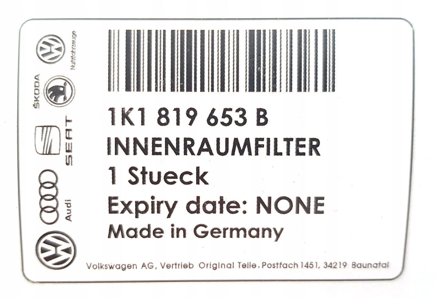 1K1819653B ORYGINAŁ FILTR KABINOWY WĘGLOWY CUK2939